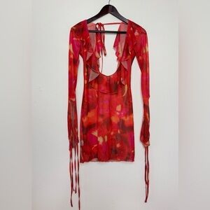 Women’s Red Orange Festival Dress Large Long Sleeve Sheer Y2K Flowy Rave Ruffle